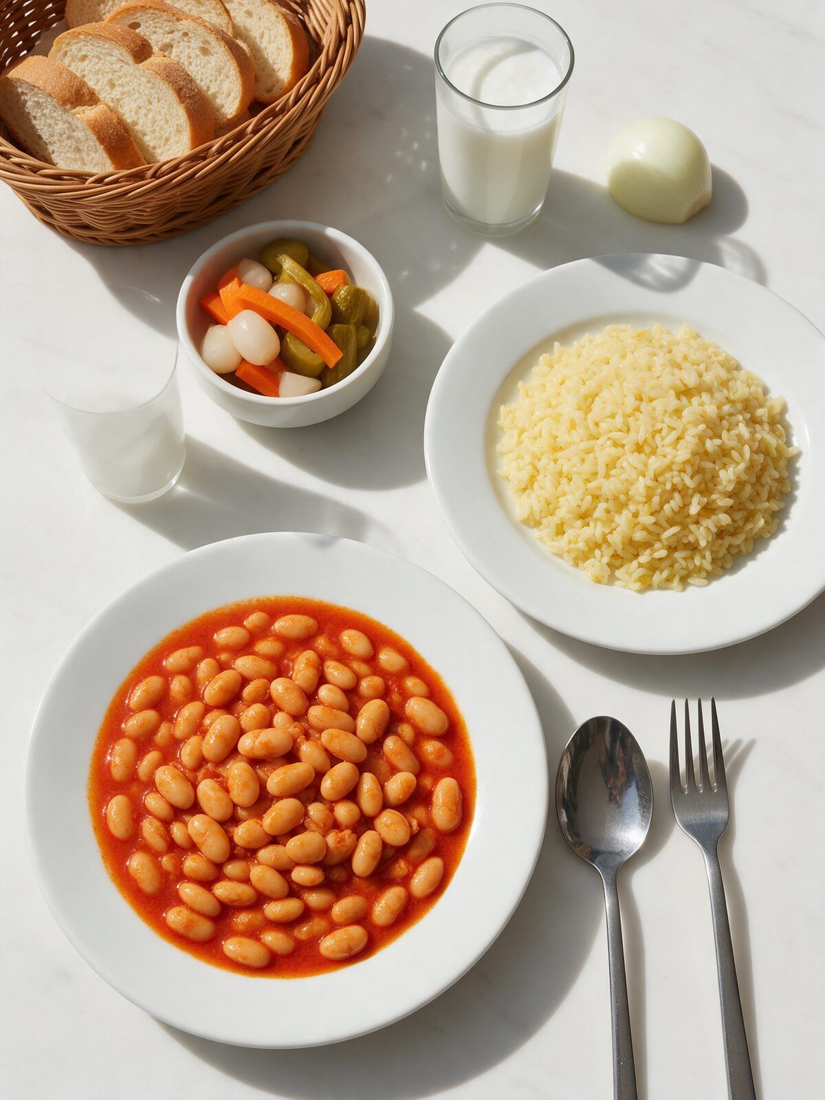 Mermer masada kuşbakışı kuru fasulye, tereyağlı pilav, turşu, ekmek ve ayran